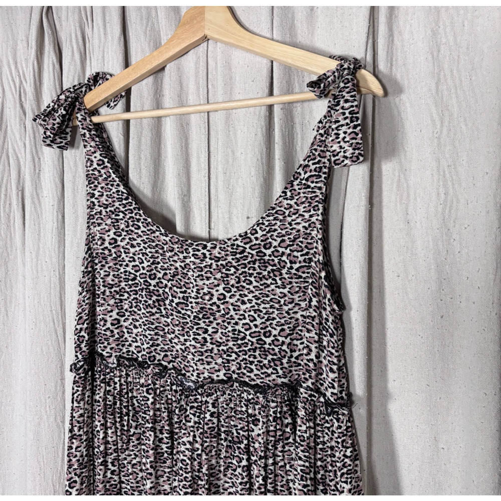 Leopard Print‎ Babydoll Mini Dress Tie Shoulder Rayon Small Breezy Summer 90s